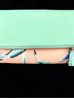 Rachel Pally Mint Green & Coral Printed Foldover Clutch with Tassel